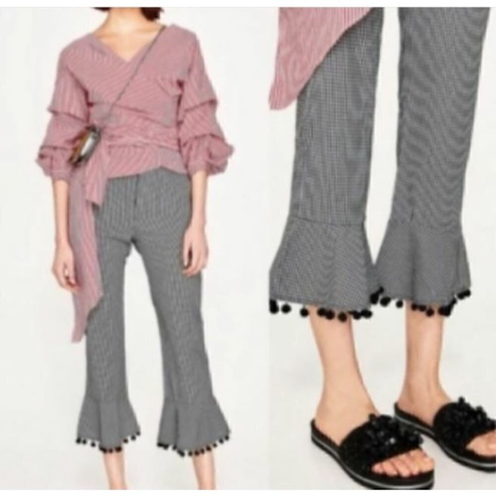 Zara Womens Small Gingham Flare Pom Pom Hem Crop Pants Black Cotton Boho